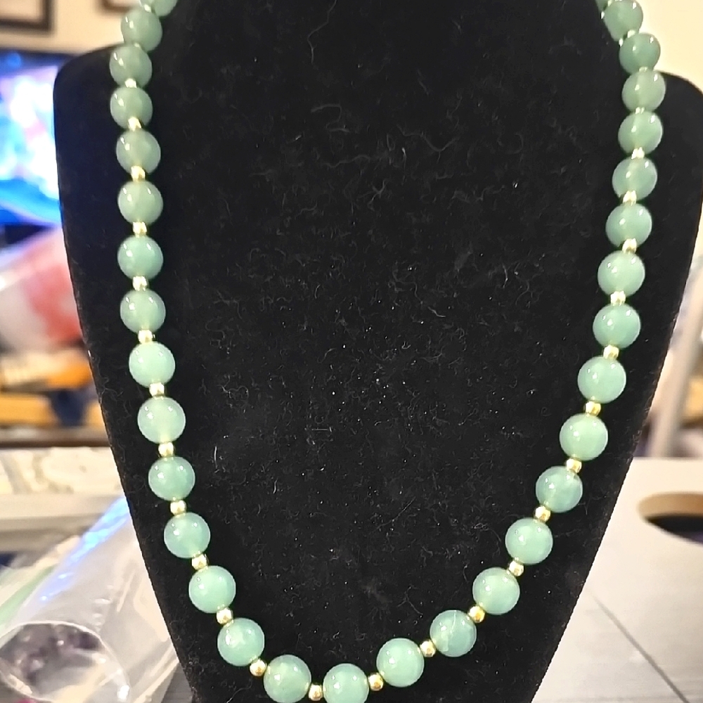 Green and Gold Jade Necklace with Spherical Beads